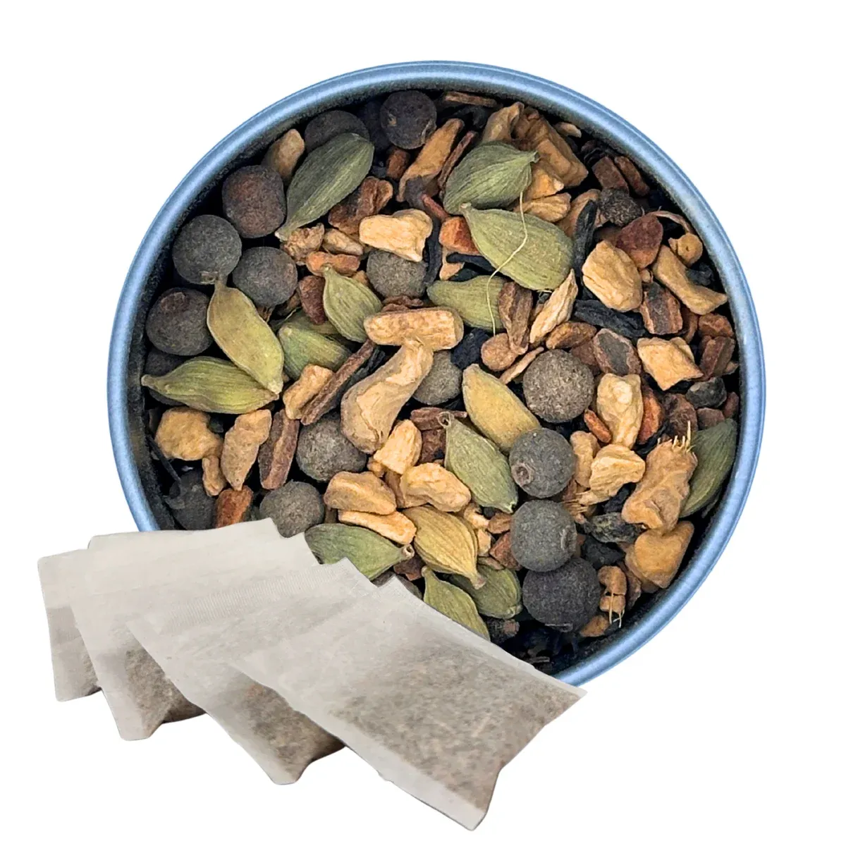 Chai Tea, Tea Bags: tea in a round dish with paper sachets alongside it