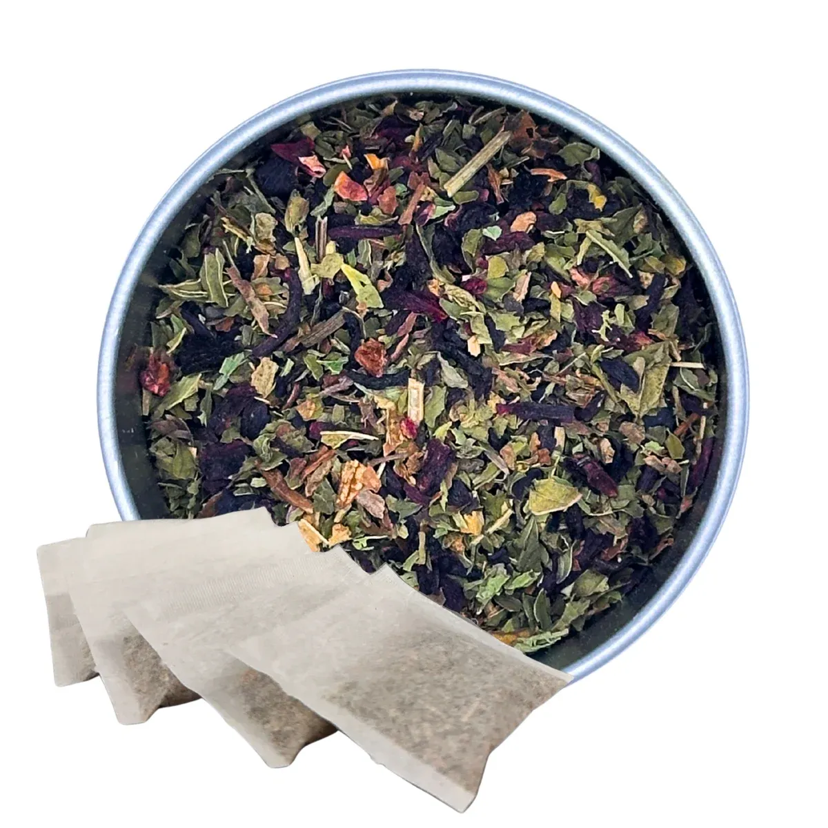 Hibiscus Mint Tea, Tea Bags: tea in a round dish with paper sachets alongside it