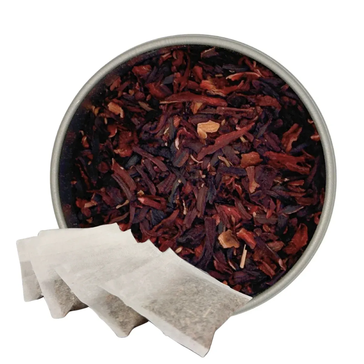 Hibiscus Tea, Tea Bags: tea in a round dish with paper sachets alongside it