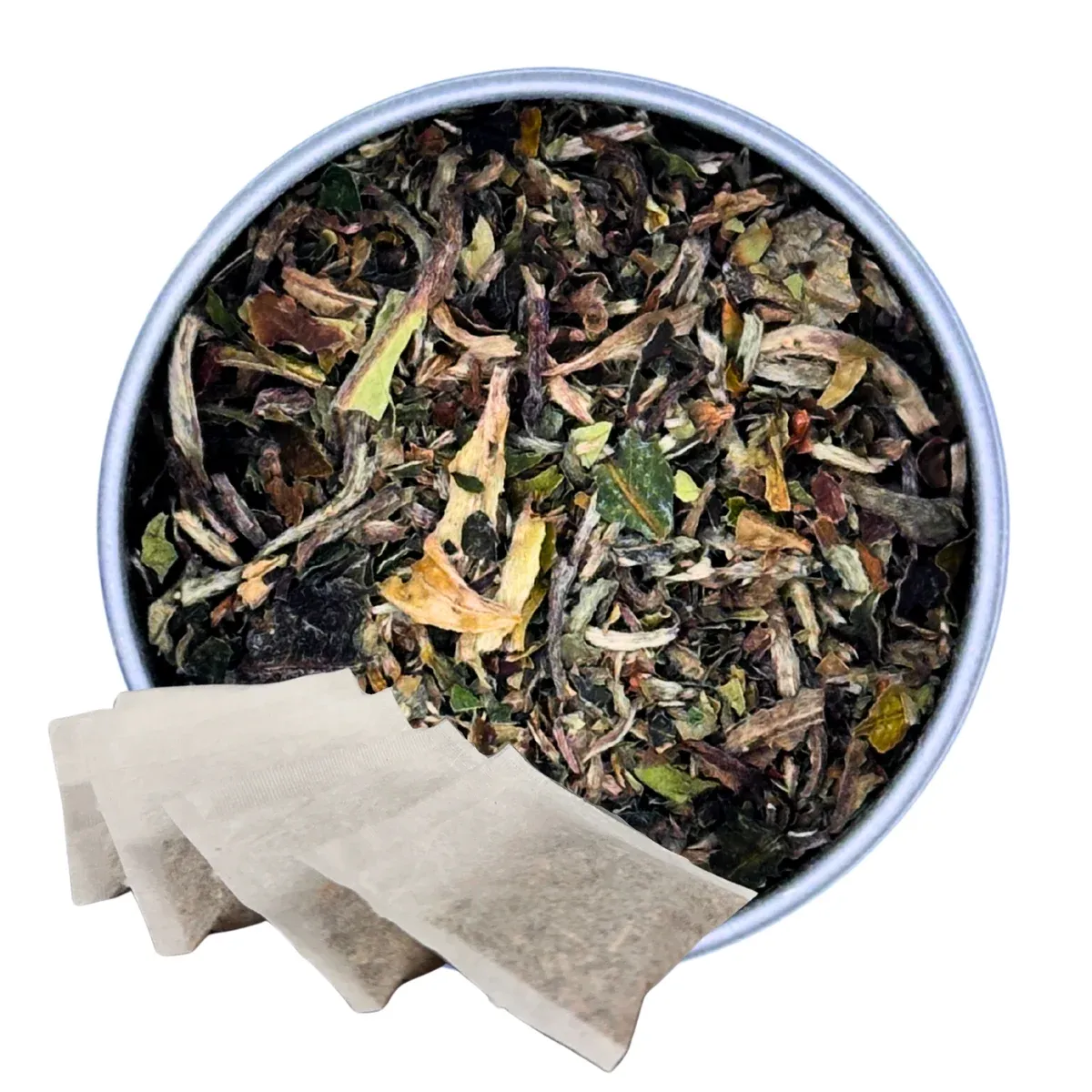 White Tea, Tea Bags: tea in a round dish with paper sachets alongside it